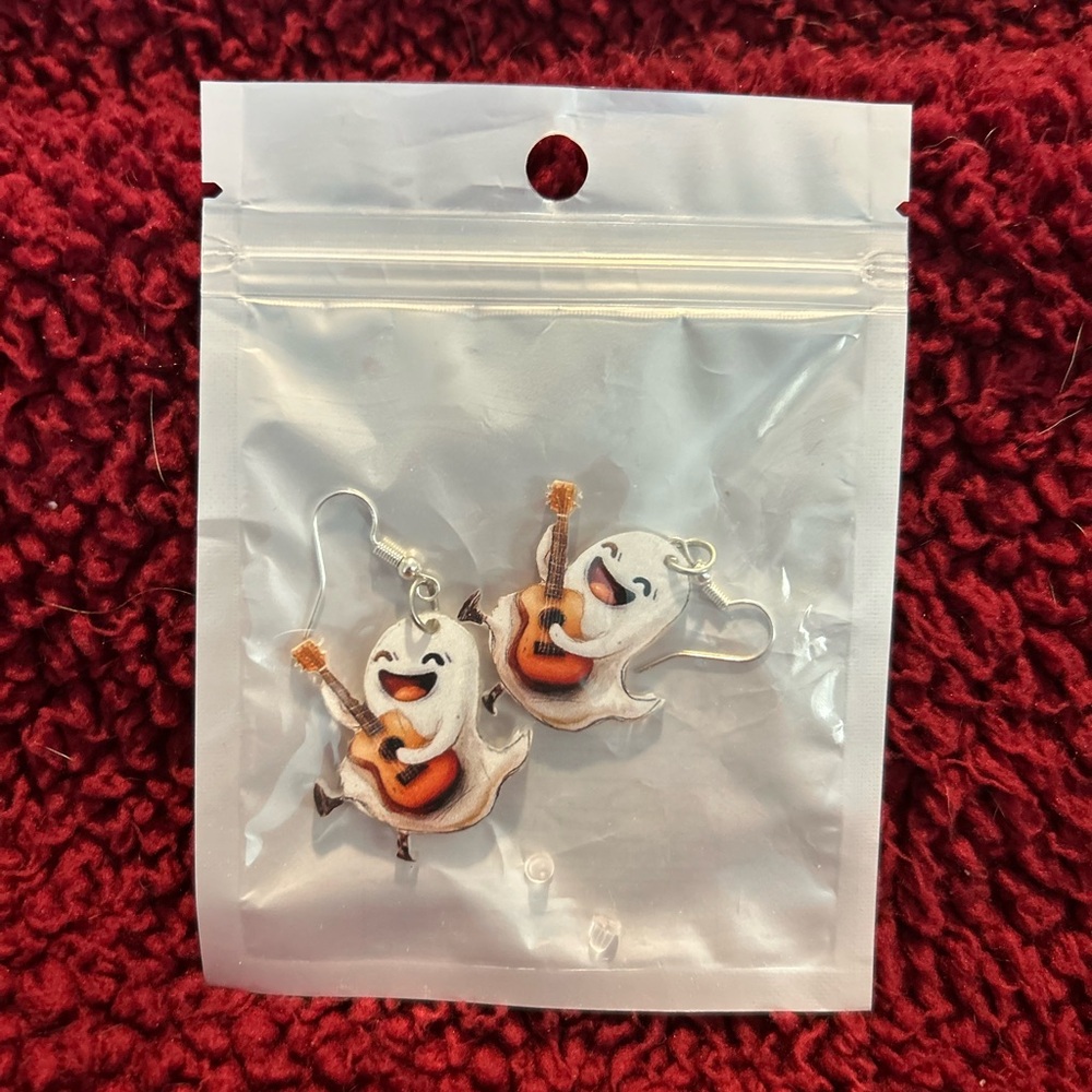 Ghost Playing Guitar Dangle Earrings - White & Orange